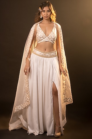 White Silk Brocade Silk Lehenga Set For Girls by Mei & Zu