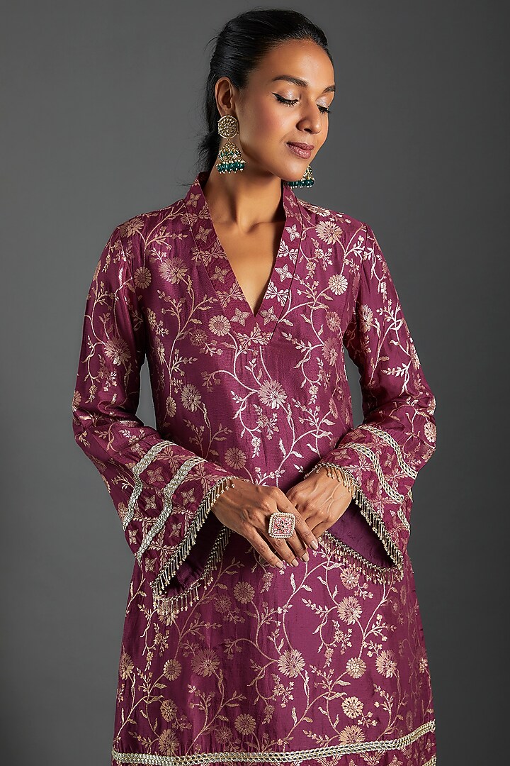 Plum Purple Brocade Printed Kurta Set For Girls by Mei & Zu at Pernia's Pop Up Shop