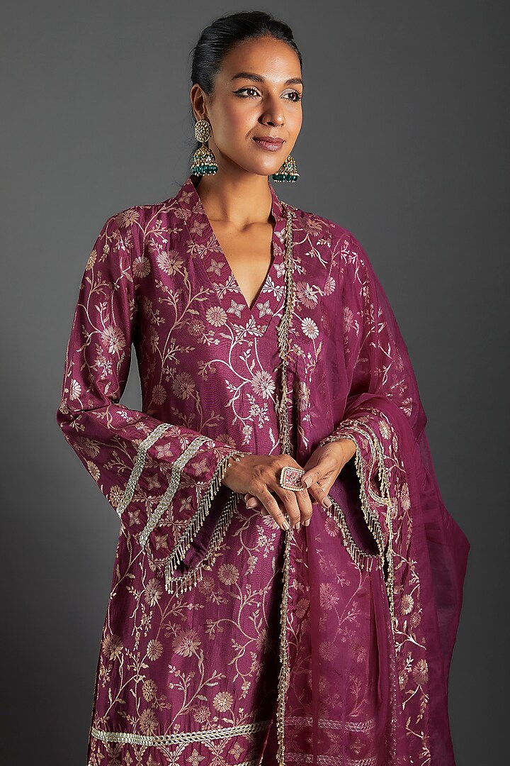 Plum Purple Brocade Printed Kurta Set For Girls by Mei & Zu at Pernia's Pop Up Shop