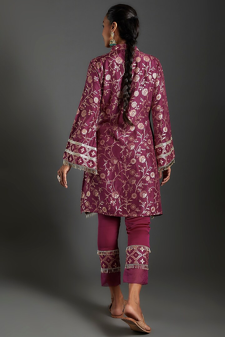 Plum Purple Brocade Printed Kurta Set For Girls by Mei & Zu at Pernia's Pop Up Shop