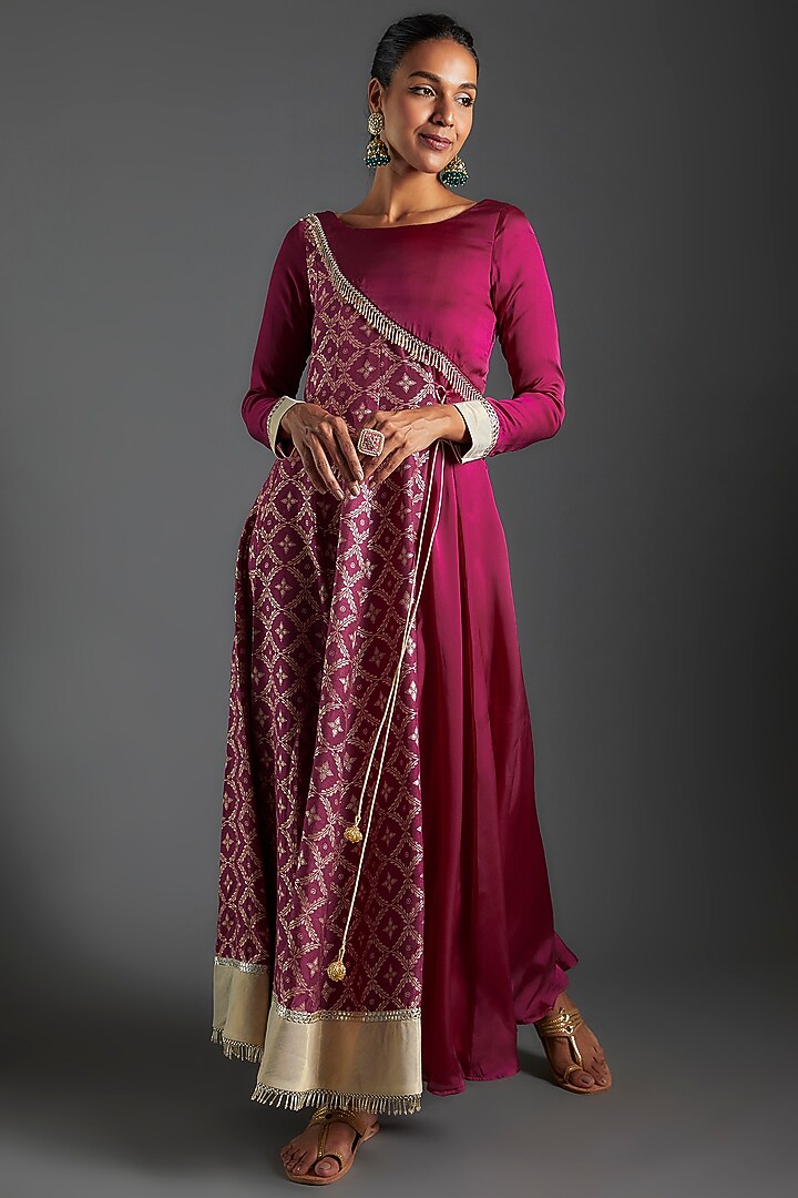 Plum Purple Brocade & Satin Silk Printed Angrakha Anarkali Set For Girls by Mei & Zu at Pernia's Pop Up Shop