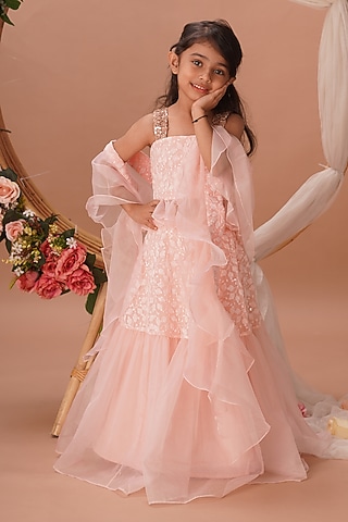 Peach Pink Chikankari Embroidered Lehenga Set For Girls by Mei & Zu