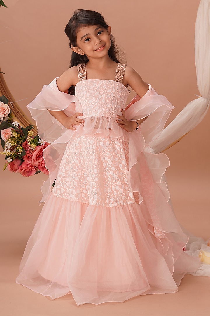 Peach Pink Chikankari Embroidered Lehenga Set For Girls by Mei & Zu at Pernia's Pop Up Shop