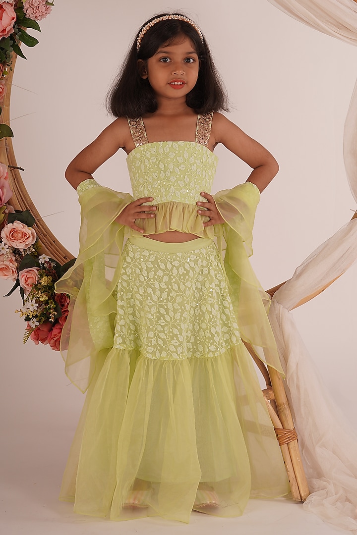 Pista Green Chikankari Embroidered Lehenga Set For Girls by Mei & Zu at Pernia's Pop Up Shop