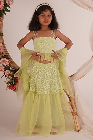 Pista Green Chikankari Embroidered Lehenga Set For Girls by Mei & Zu