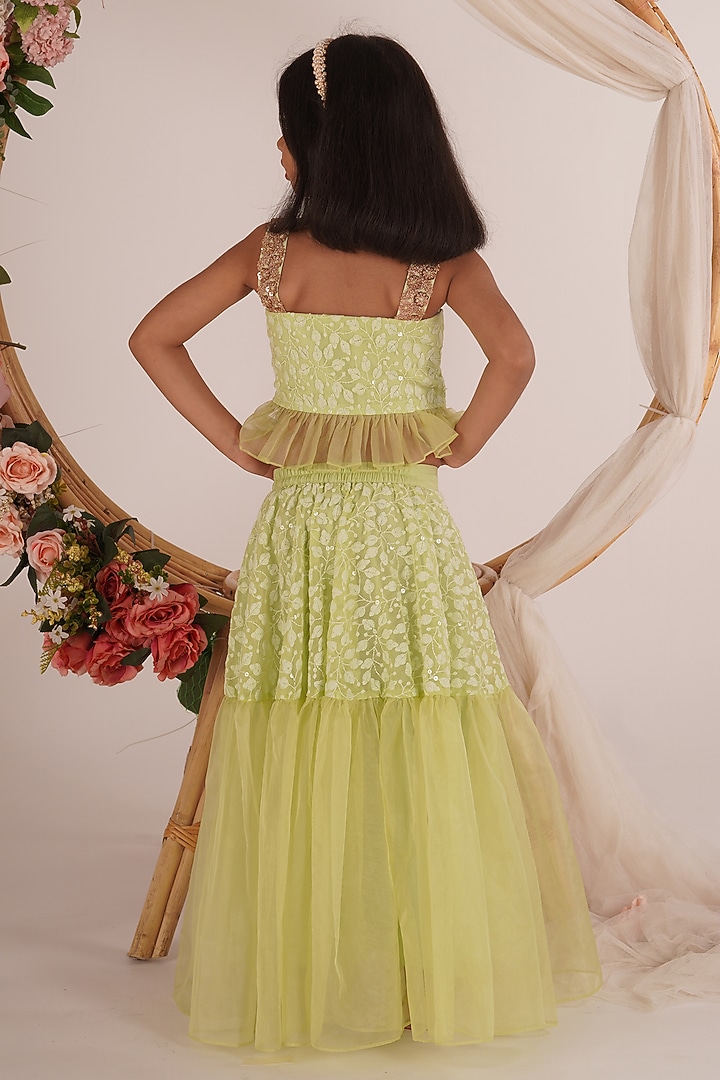 Pista Green Chikankari Embroidered Lehenga Set For Girls by Mei & Zu at Pernia's Pop Up Shop