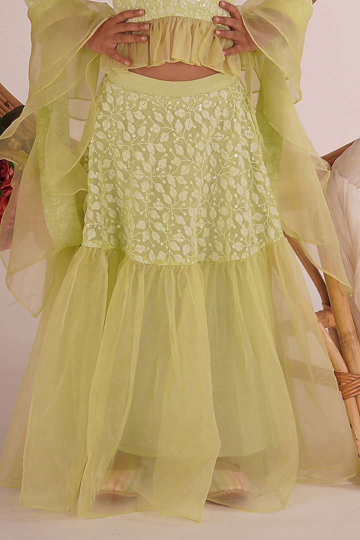 Pista Green Chikankari Embroidered Lehenga Set For Girls by Mei & Zu at Pernia's Pop Up Shop