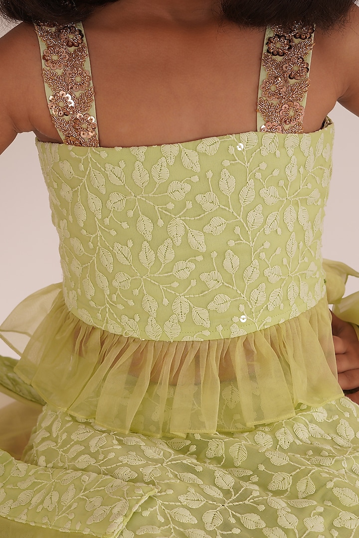 Pista Green Chikankari Embroidered Lehenga Set For Girls by Mei & Zu at Pernia's Pop Up Shop