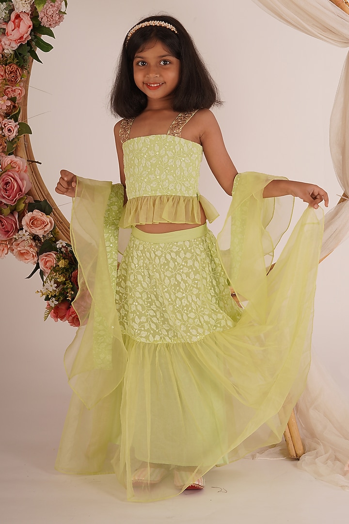 Pista Green Chikankari Embroidered Lehenga Set For Girls by Mei & Zu at Pernia's Pop Up Shop