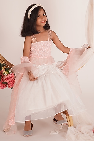 Multi-Colored Chikankari Embroidered Lehenga Set For Girls by Mei & Zu