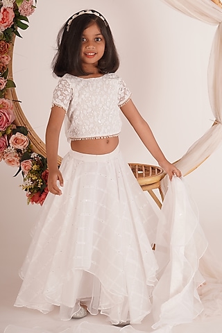 White Sequins Organza Layered Lehenga Set For Girls by Mei & Zu