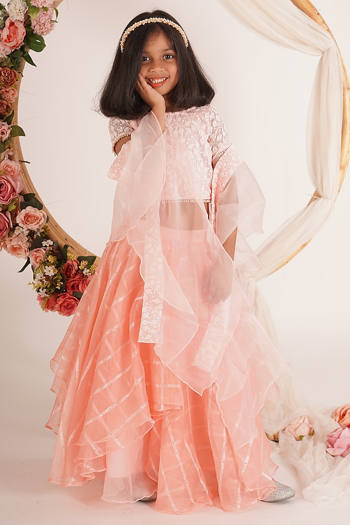 Peach Pink Sequins Organza Layered Lehenga Set For Girls by Mei & Zu