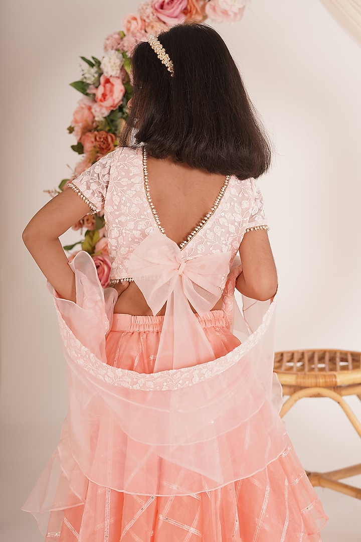 Peach Pink Sequins Organza Layered Lehenga Set For Girls by Mei & Zu at Pernia's Pop Up Shop
