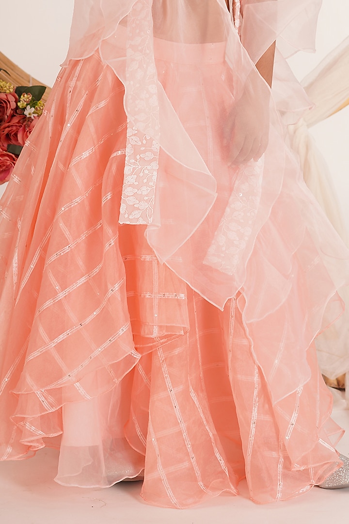 Peach Pink Sequins Organza Layered Lehenga Set For Girls by Mei & Zu at Pernia's Pop Up Shop