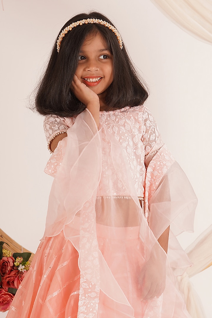 Peach Pink Sequins Organza Layered Lehenga Set For Girls by Mei & Zu at Pernia's Pop Up Shop
