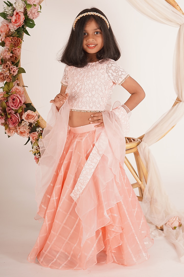 Peach Pink Sequins Organza Layered Lehenga Set For Girls by Mei & Zu at Pernia's Pop Up Shop