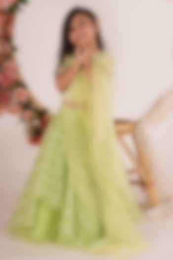 Pista Green Sequins Organza Layered Lehenga Set For Girls by Mei & Zu