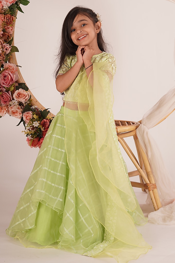 Pista Green Sequins Organza Layered Lehenga Set For Girls by Mei & Zu