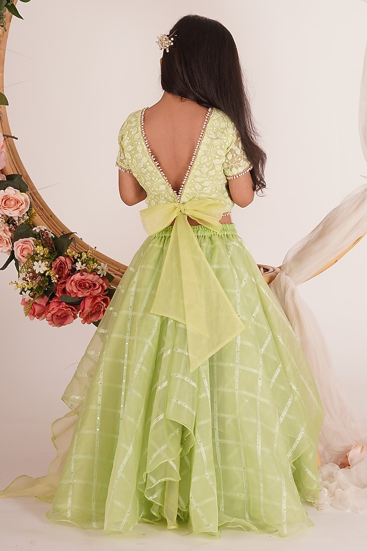 Pista Green Sequins Organza Layered Lehenga Set For Girls by Mei & Zu at Pernia's Pop Up Shop