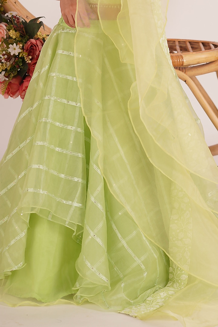 Pista Green Sequins Organza Layered Lehenga Set For Girls by Mei & Zu at Pernia's Pop Up Shop