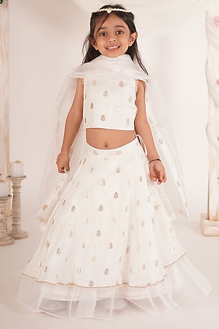 White Brocade Blend Tiered Lehenga Set For Girls by Mei & Zu