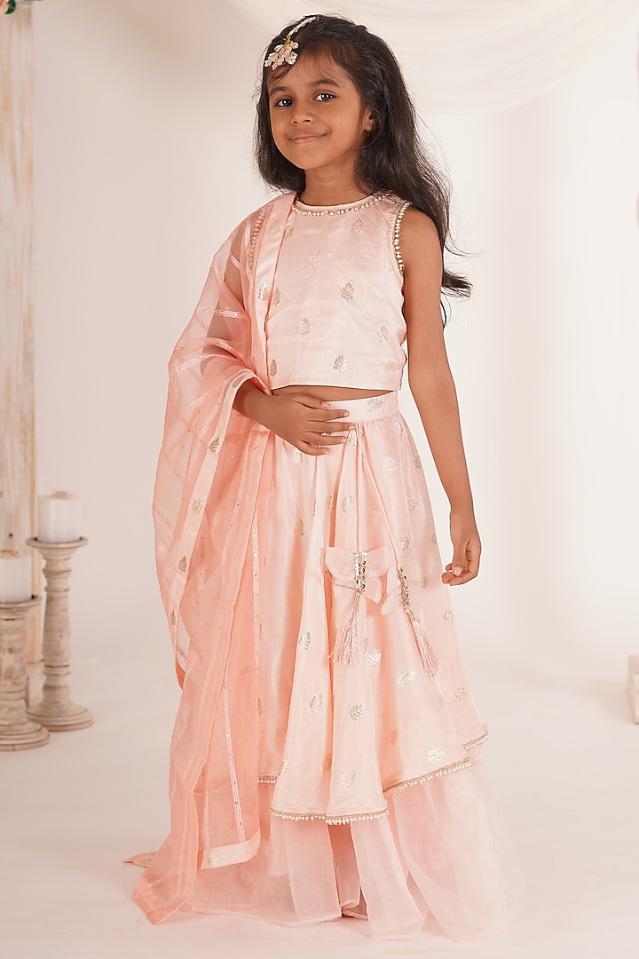 Peach Pink Brocade Blend Tiered Lehenga Set For Girls by Mei & Zu at Pernia's Pop Up Shop