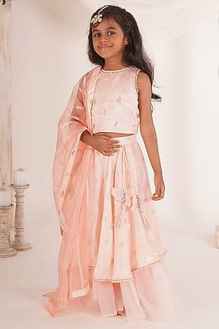 Peach Pink Brocade Blend Tiered Lehenga Set For Girls by Mei & Zu
