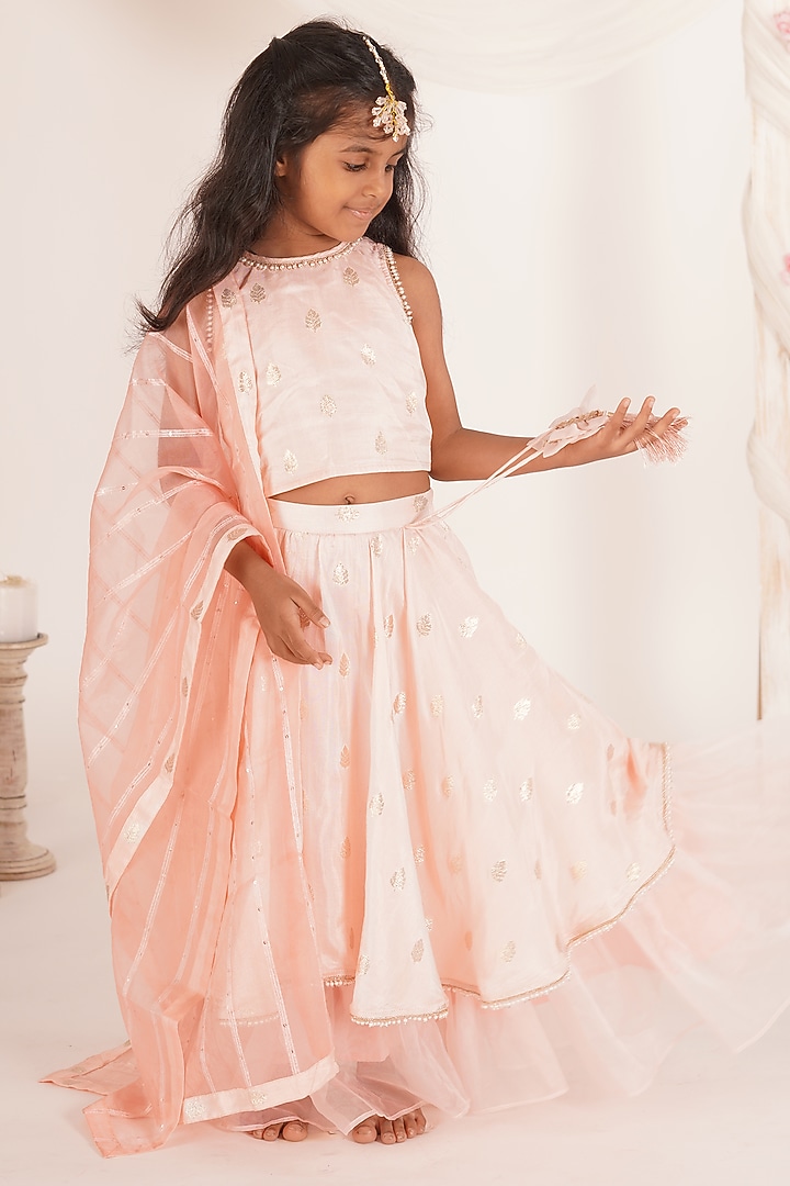 Peach Pink Brocade Blend Tiered Lehenga Set For Girls by Mei & Zu at Pernia's Pop Up Shop