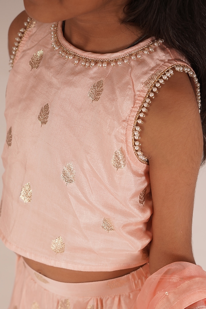 Peach Pink Brocade Blend Tiered Lehenga Set For Girls by Mei & Zu at Pernia's Pop Up Shop