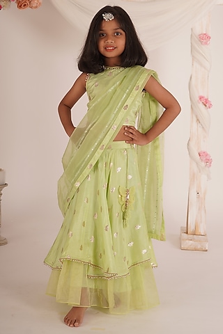 Pista Green Brocade Blend Tiered Lehenga Set For Girls by Mei & Zu