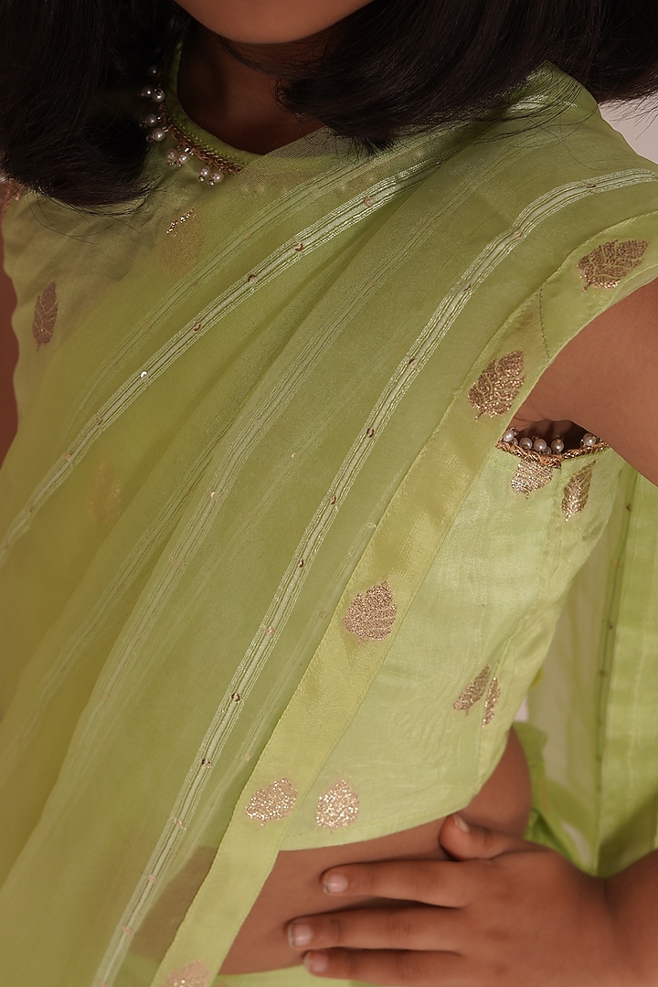 Pista Green Brocade Blend Tiered Lehenga Set For Girls by Mei & Zu at Pernia's Pop Up Shop