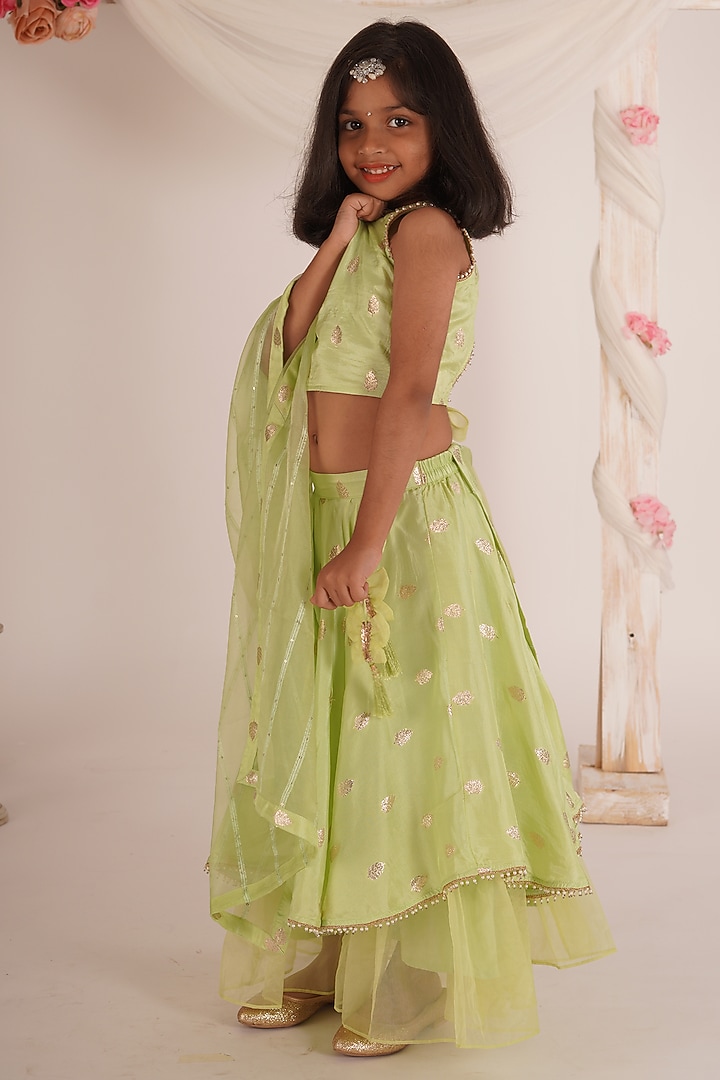 Pista Green Brocade Blend Tiered Lehenga Set For Girls by Mei & Zu at Pernia's Pop Up Shop
