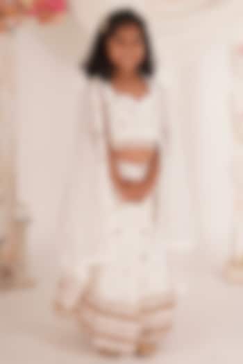 White Brocade Blend Lehenga Set For Girls by Mei & Zu