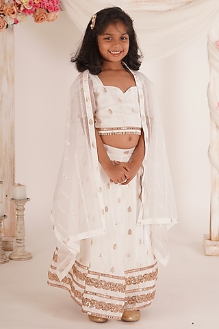 White Brocade Blend Lehenga Set For Girls by Mei & Zu