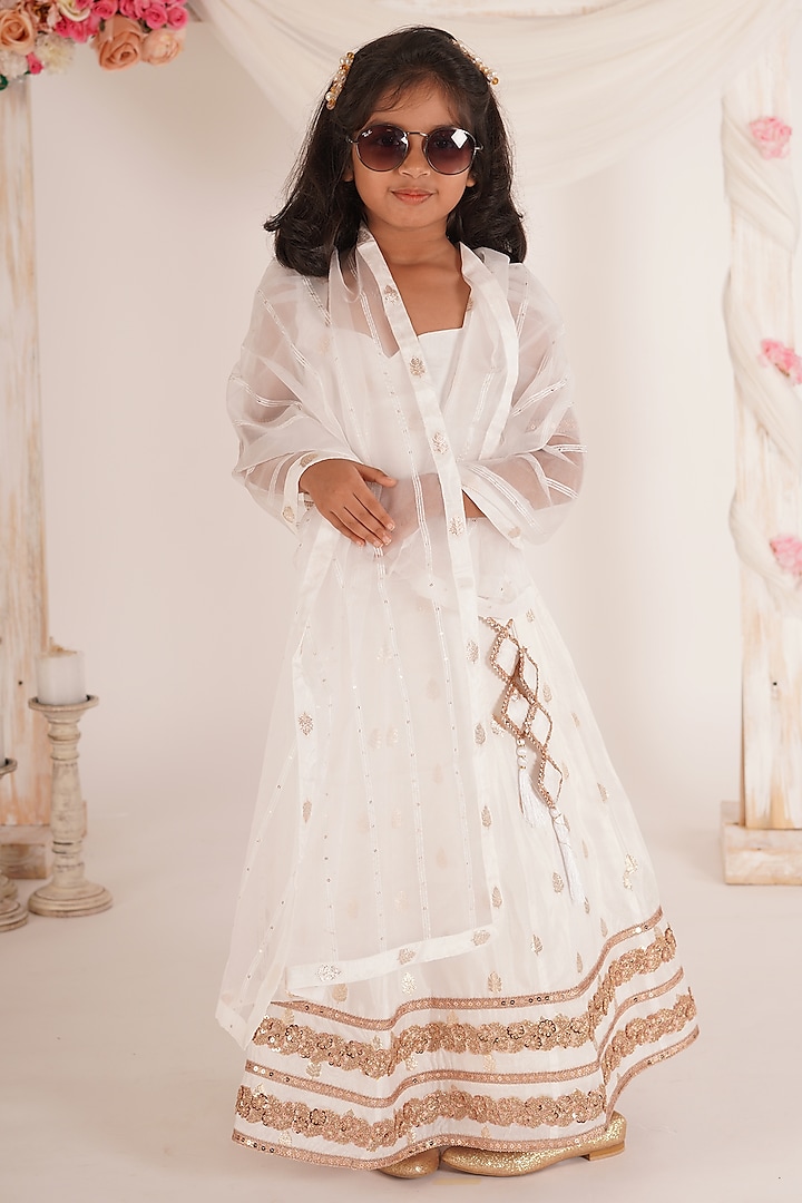 White Brocade Blend Lehenga Set For Girls by Mei & Zu at Pernia's Pop Up Shop