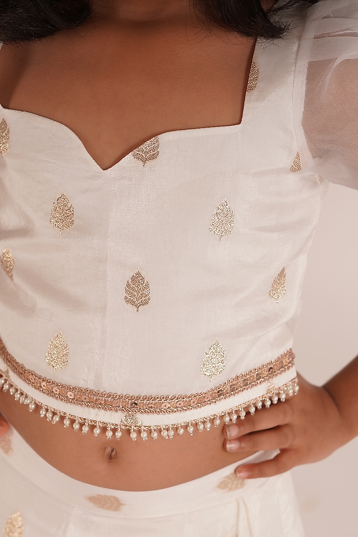 White Brocade Blend Lehenga Set For Girls by Mei & Zu at Pernia's Pop Up Shop