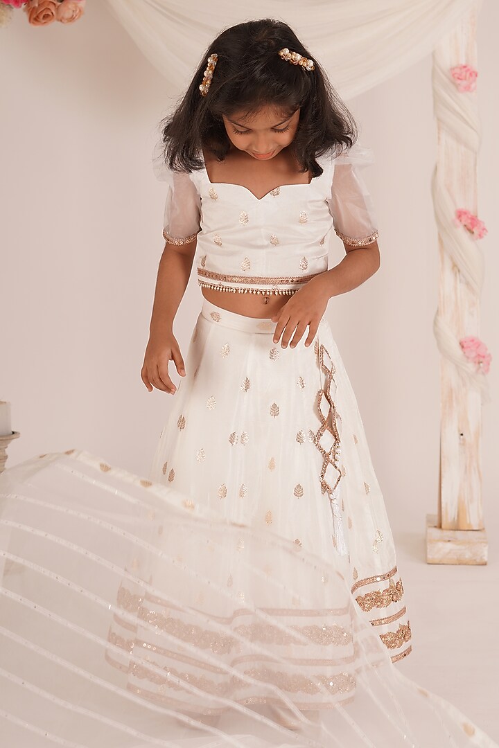 White Brocade Blend Lehenga Set For Girls by Mei & Zu at Pernia's Pop Up Shop