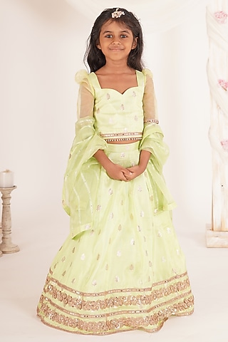 Pista Green Brocade Lehenga Set For Girls by Mei & Zu