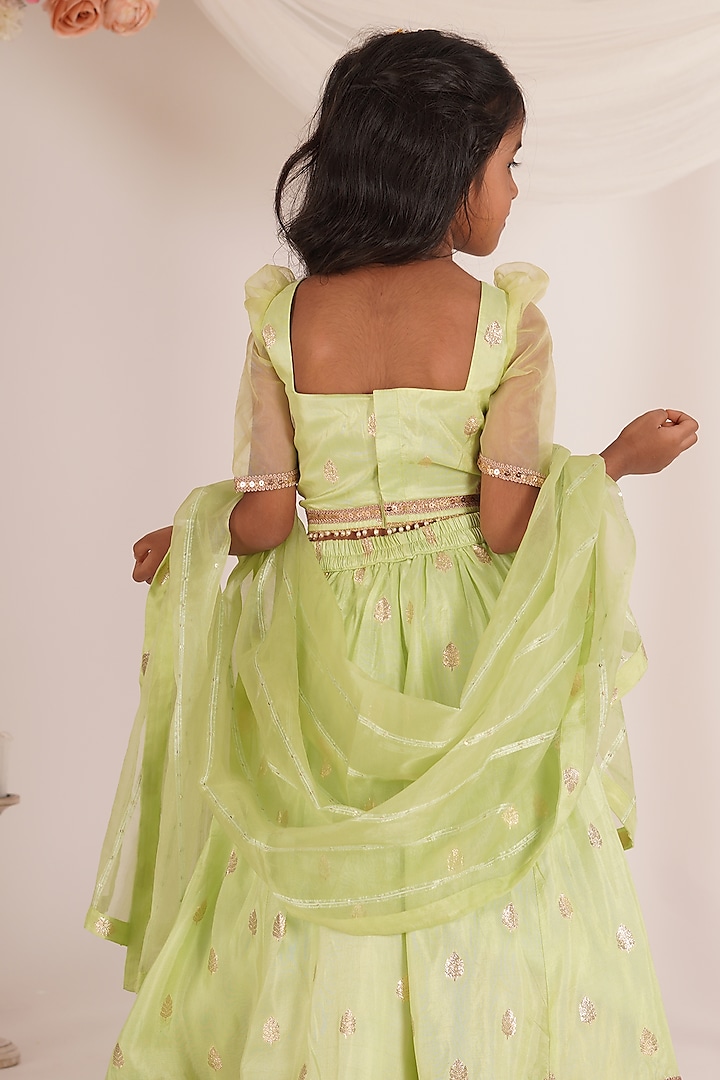 Pista Green Brocade Lehenga Set For Girls by Mei & Zu at Pernia's Pop Up Shop