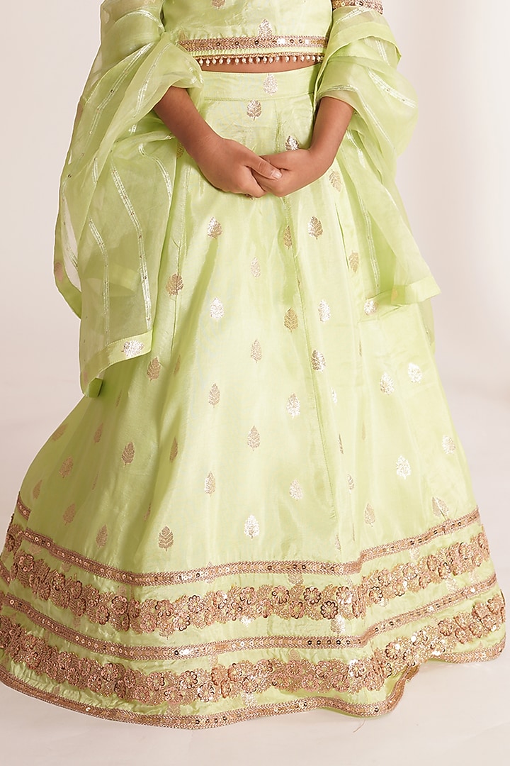 Pista Green Brocade Lehenga Set For Girls by Mei & Zu at Pernia's Pop Up Shop