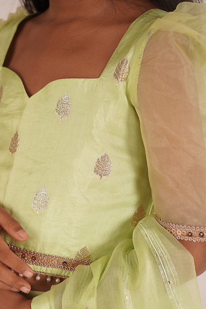 Pista Green Brocade Lehenga Set For Girls by Mei & Zu at Pernia's Pop Up Shop
