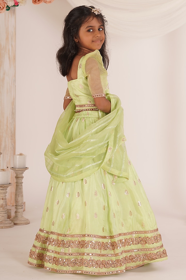 Pista Green Brocade Lehenga Set For Girls by Mei & Zu at Pernia's Pop Up Shop