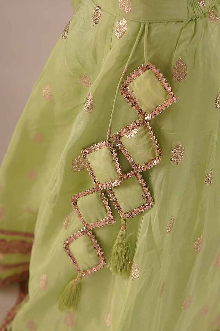 Pista Green Brocade Lehenga Set For Girls by Mei & Zu at Pernia's Pop Up Shop
