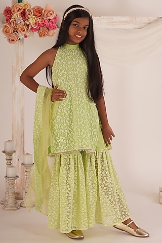 Pista Green Chikankari Sharara Set For Girls by Mei & Zu