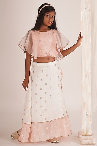 White & Peach Pink Brocade Lehenga Set For Girls by Mei & Zu
