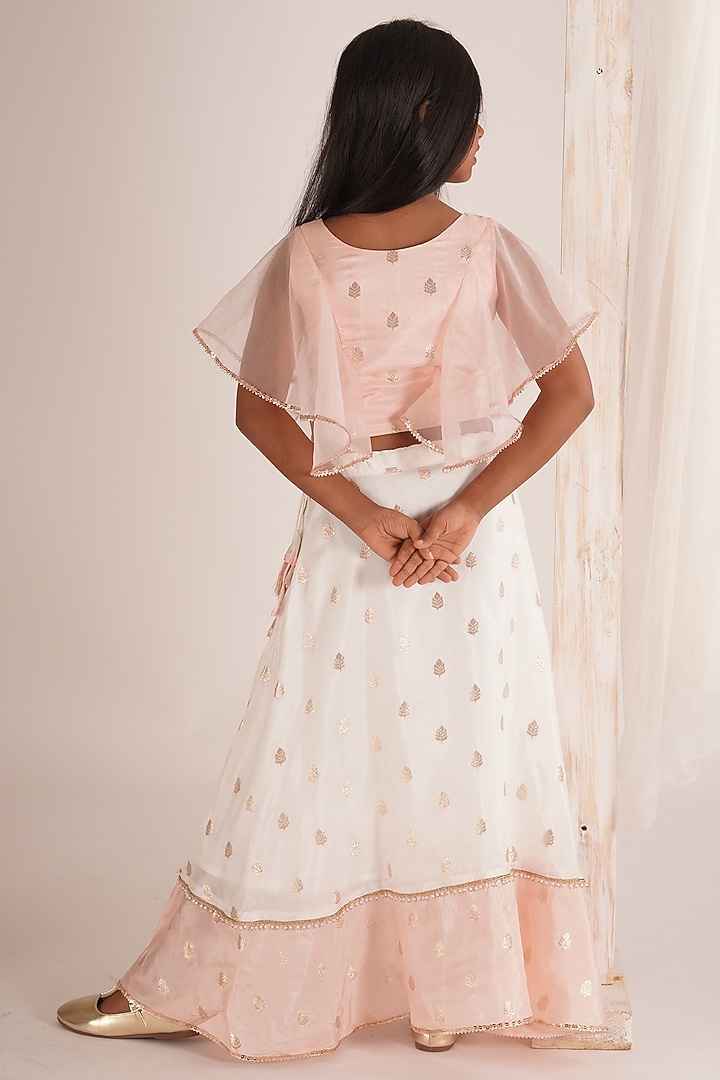 White & Peach Pink Brocade Lehenga Set For Girls by Mei & Zu at Pernia's Pop Up Shop