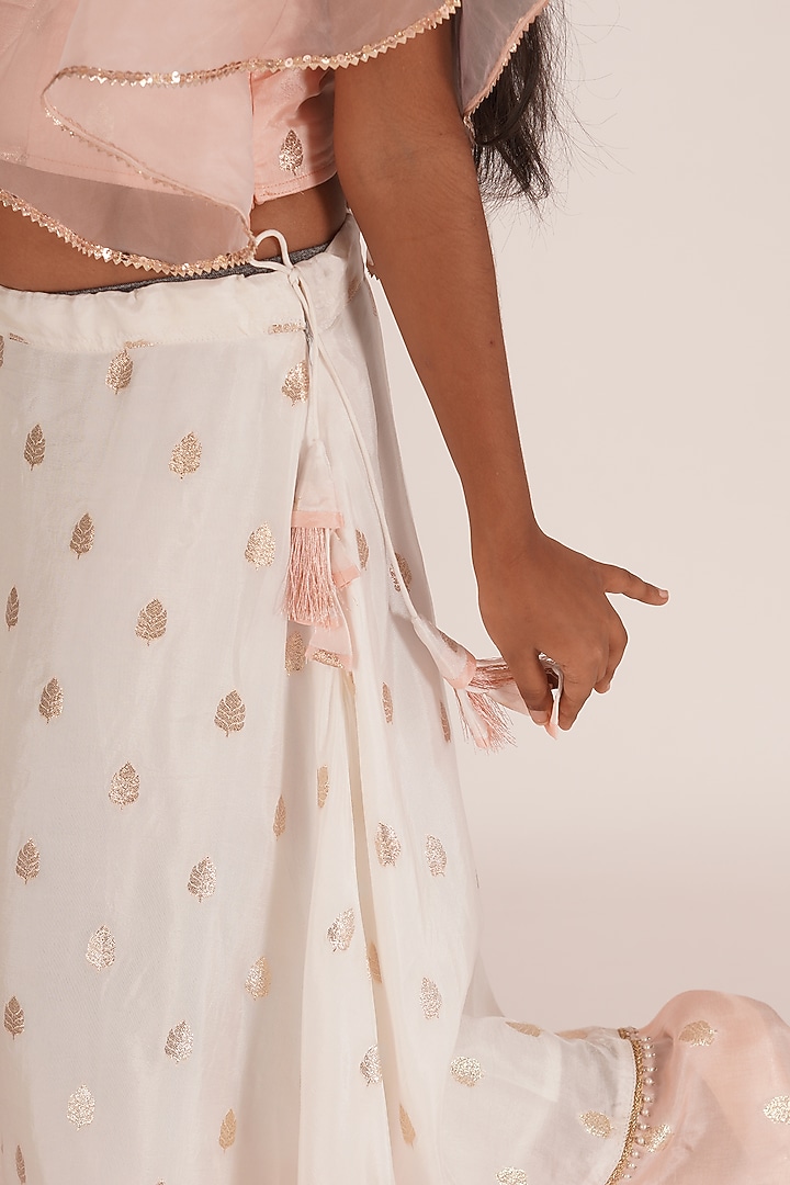 White & Peach Pink Brocade Lehenga Set For Girls by Mei & Zu at Pernia's Pop Up Shop