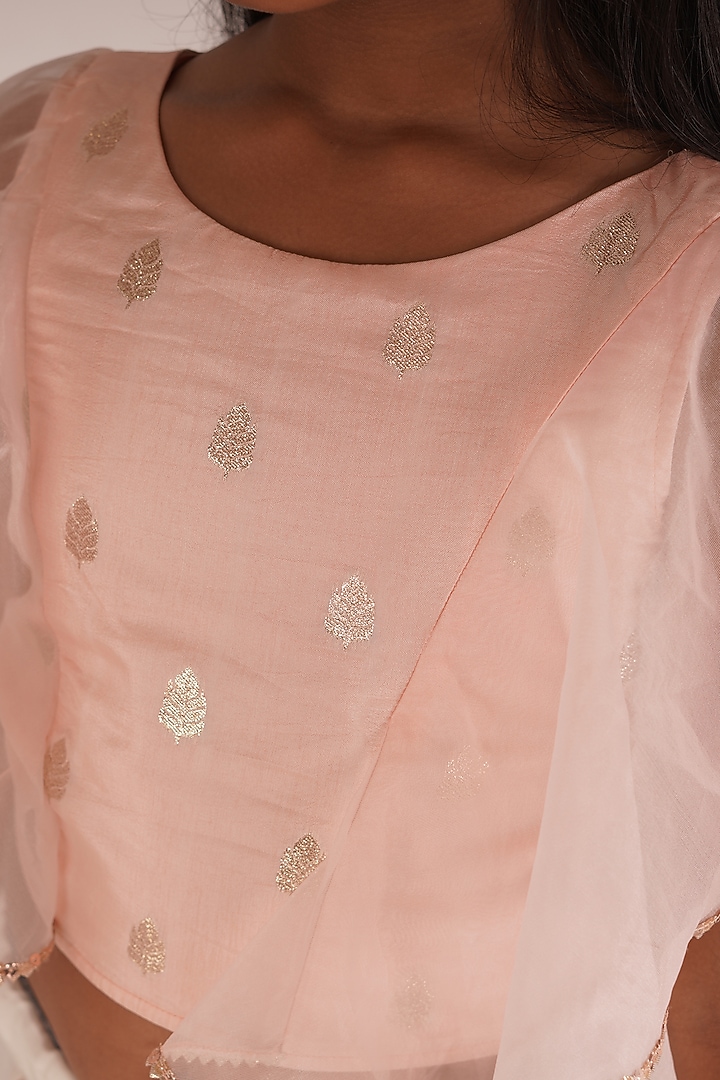 White & Peach Pink Brocade Lehenga Set For Girls by Mei & Zu at Pernia's Pop Up Shop
