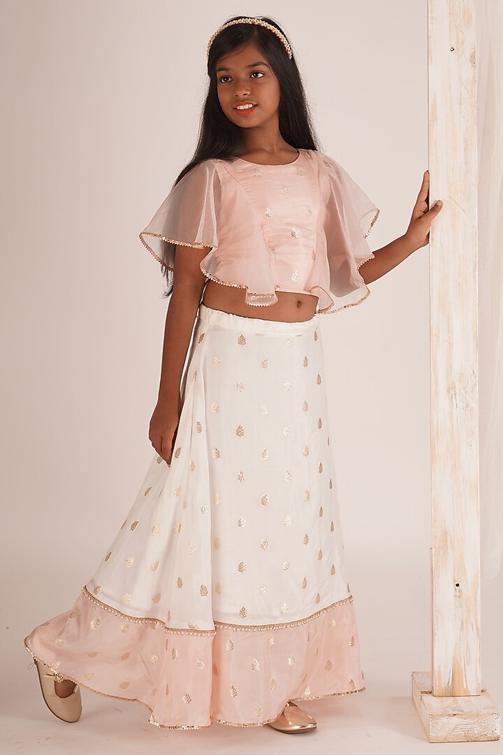 White & Peach Pink Brocade Lehenga Set For Girls by Mei & Zu at Pernia's Pop Up Shop