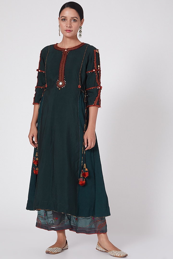 Dark Teal Hand Embroidered Tunic by Medha at Pernia's Pop Up Shop